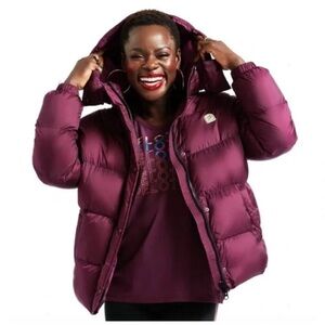 Peloton puffy jacket coat purple burgundy L Large EUC